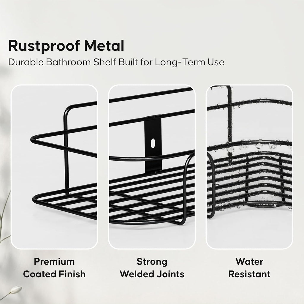 Set of 2 Metal Bathroom Corner Shelf Rack | No Drilling Self Adhesive Wall Mounted Storage Organizer for Bathroom & Kitchen | Rustproof Bathroom Shelves (8 & 9 INCH, Black)