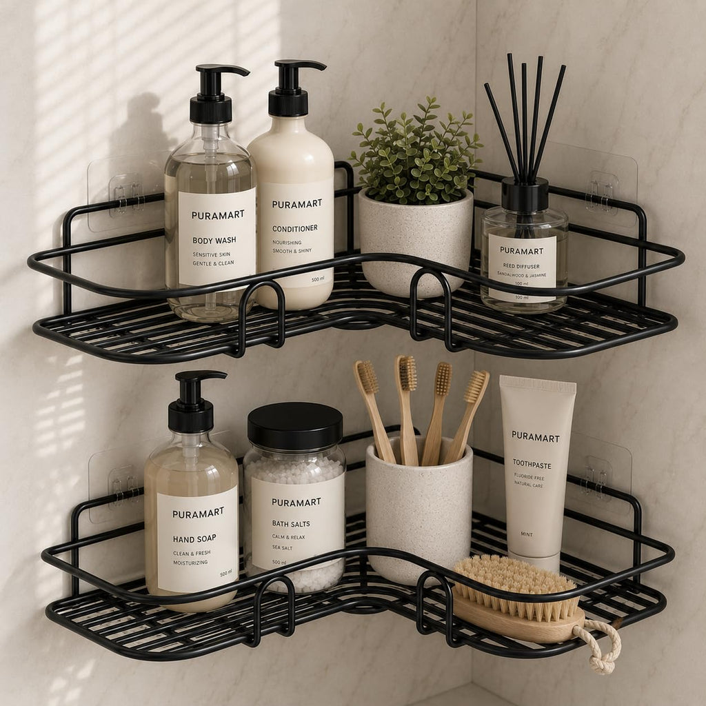 Set of 2 Metal Bathroom Corner Shelf Rack | No Drilling Self Adhesive Wall Mounted Storage Organizer for Bathroom & Kitchen | Rustproof Bathroom Shelves (8 & 9 INCH, Black)
