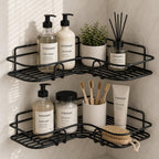Set of 2 Metal Bathroom Corner Shelf Rack | No Drilling Self Adhesive Wall Mounted Storage Organizer for Bathroom & Kitchen | Rustproof Bathroom Shelves (8 & 9 INCH, Black)