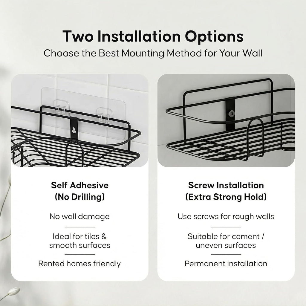 Set of 2 Metal Bathroom Corner Shelf Rack | No Drilling Self Adhesive Wall Mounted Storage Organizer for Bathroom & Kitchen | Rustproof Bathroom Shelves (8 & 9 INCH, Black)