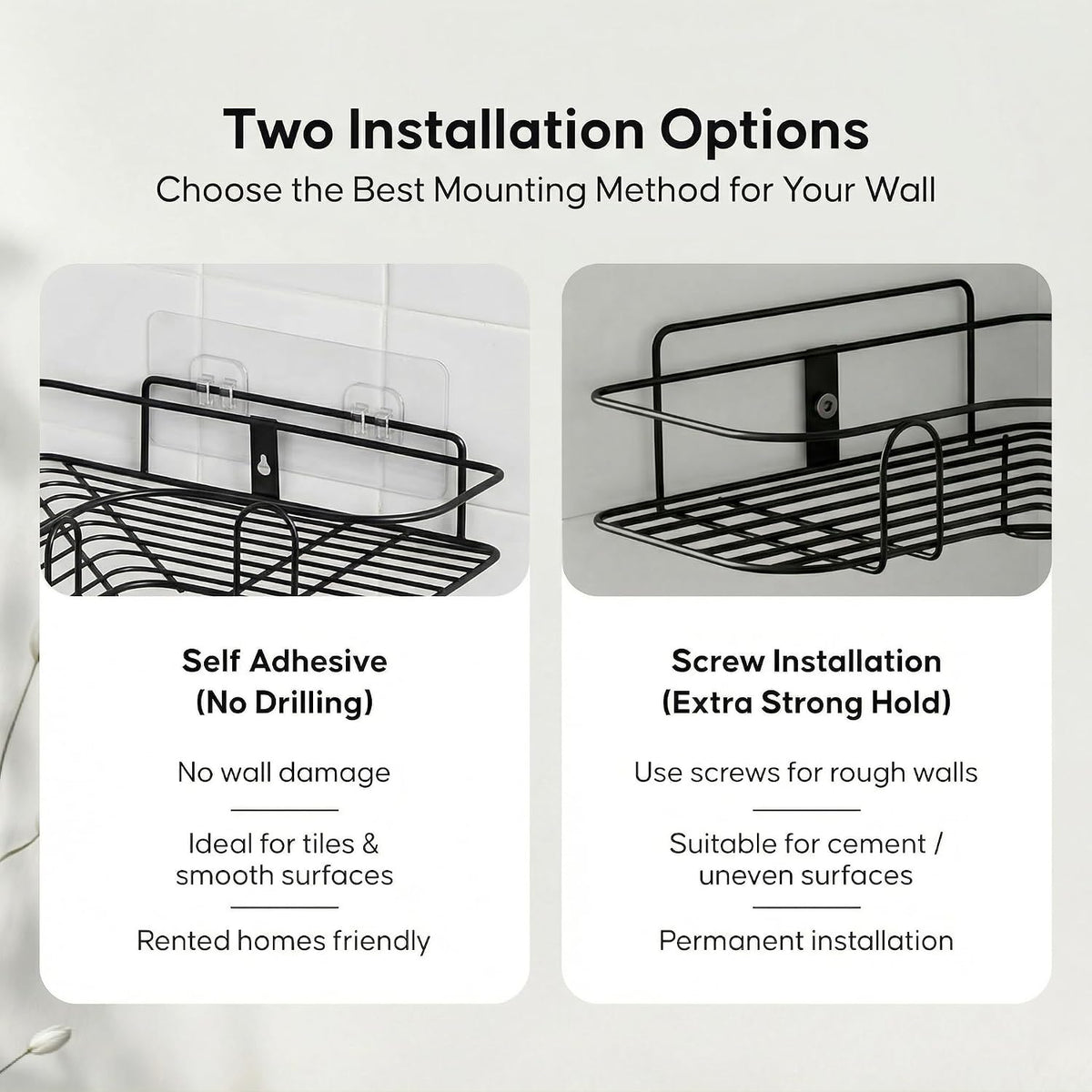 Set of 2 Metal Bathroom Corner Shelf Rack | No Drilling Self Adhesive Wall Mounted Storage Organizer for Bathroom & Kitchen | Rustproof Bathroom Shelves (8 & 9 INCH, Black)