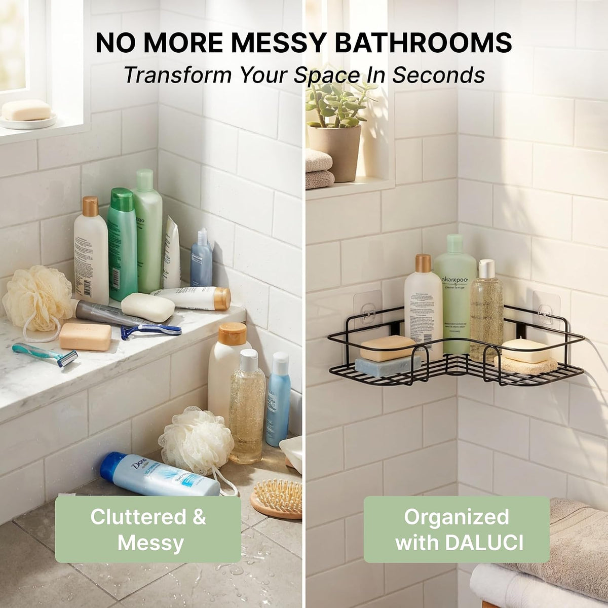 Set of 2 Metal Bathroom Corner Shelf Rack | No Drilling Self Adhesive Wall Mounted Storage Organizer for Bathroom & Kitchen | Rustproof Bathroom Shelves (8 & 9 INCH, Black)