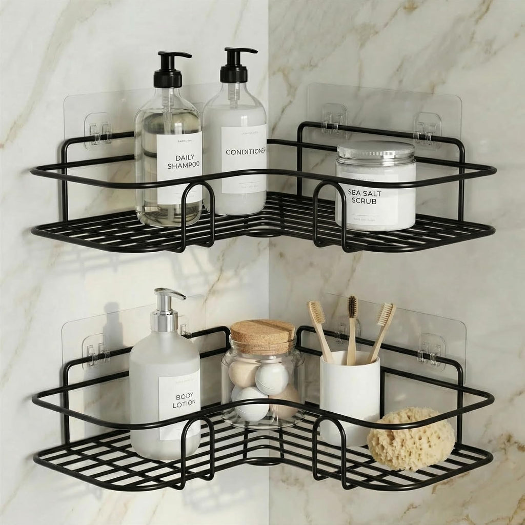 Set of 2 Metal Bathroom Corner Shelf Rack | No Drilling Self Adhesive Wall Mounted Storage Organizer for Bathroom & Kitchen | Rustproof Bathroom Shelves (8 & 9 INCH, Black)