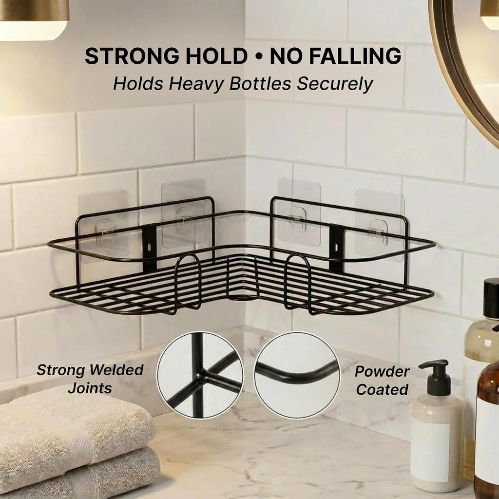 Set of 2 Metal Bathroom Corner Shelf Rack | No Drilling Self Adhesive Wall Mounted Storage Organizer for Bathroom & Kitchen | Rustproof Bathroom Shelves (8 & 9 INCH, Black)
