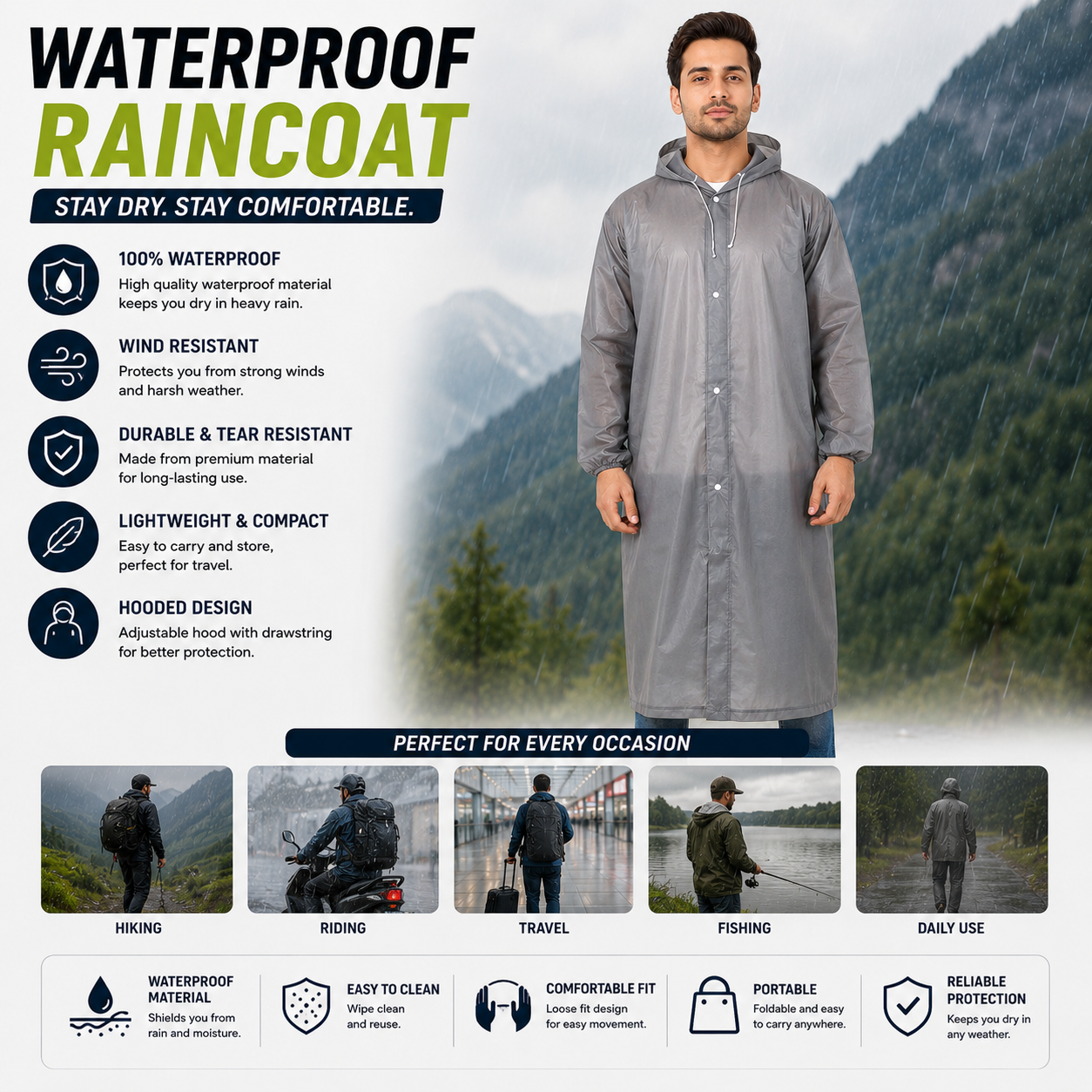 5-in-1 Ultimate Rain Combo Set of 5 Pcs | UV Umbrella, Raincoat/poncho, Waterproof mobile pouch, Bag rain cover and Shoe covers