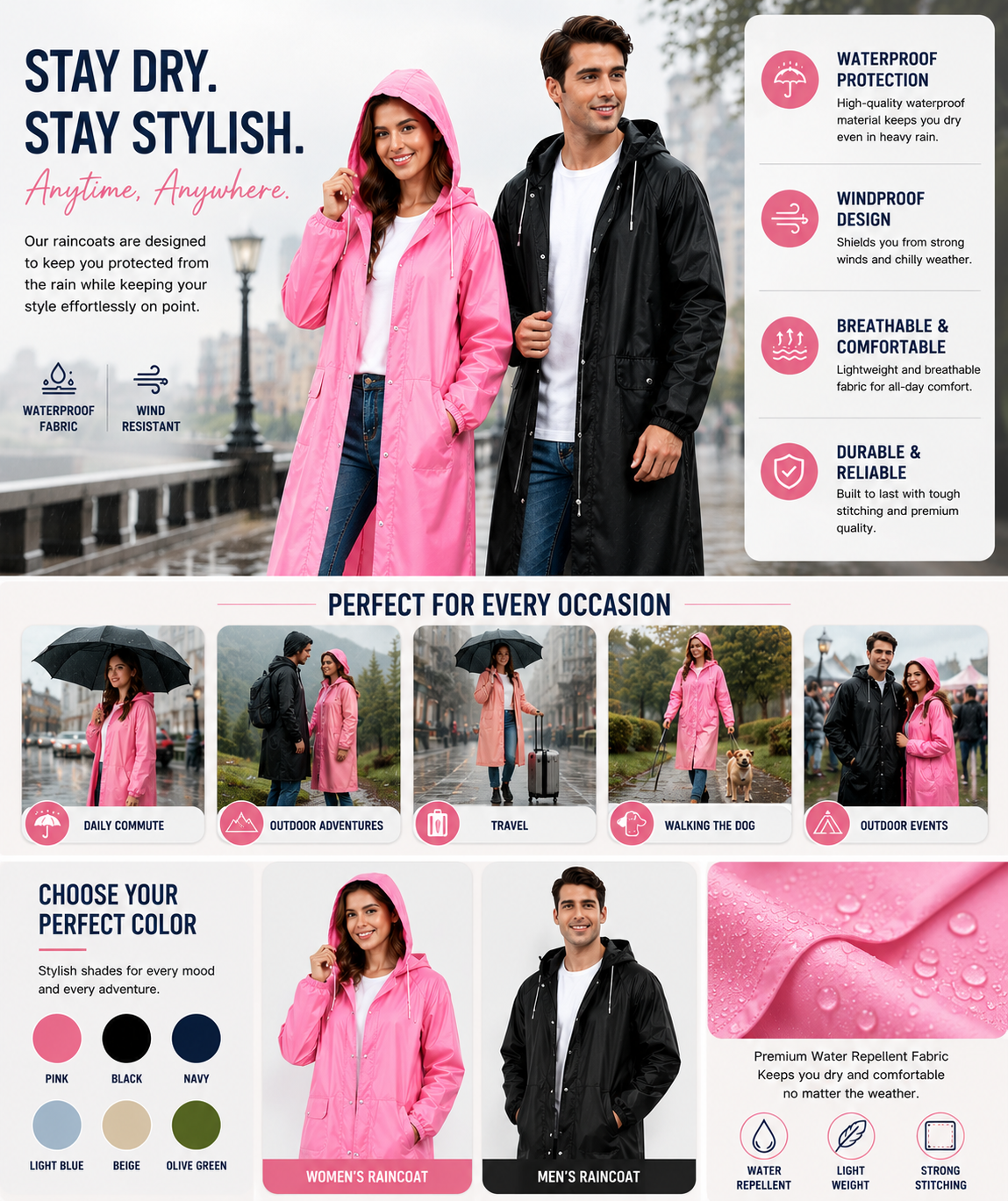 Waterproof Long Raincoat with Hood